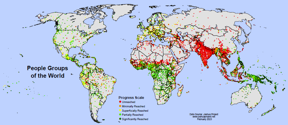 A world map titled 'People Groups of the World' with a 'Progress Scale' indicating different levels of reach, using colors from red to dark green to show the distribution and reach of people groups across regions, based on data from Joshua Project as of February 2023