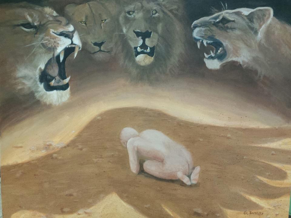 A person curled up on the ground surrounded by four large, roaring lions in an aggressive stance.