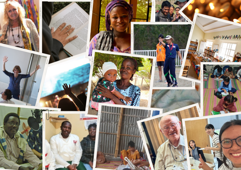 A collage of various photographs showing people in different settings and activities, including reading, embracing, sitting on the floor, raising hands, engaging in sports, and speaking into a microphone.